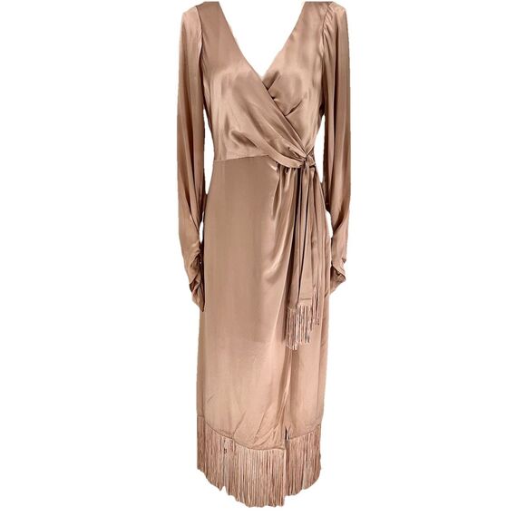 New Cinq A Sept Page Silk Fringe Trim Wrap Dress Pink Sand Midi Size 8 Cocktail - Picture 1 of 15